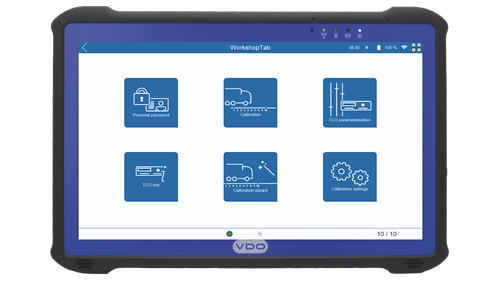 Front view of the WorkshopTab 2 from VDO with the software running. Icons in the home menu show various functions - such as vehicle calibration.