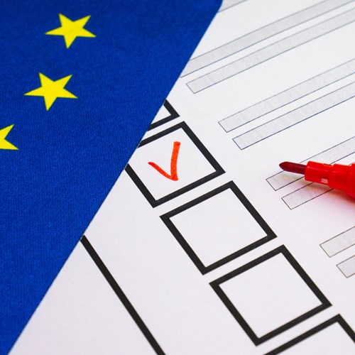 You can see a form on which one of several fields is marked with a red pen. The pen can also be seen in the edge of the picture. In the left half of the picture, a European flag is shown as an overlay.
