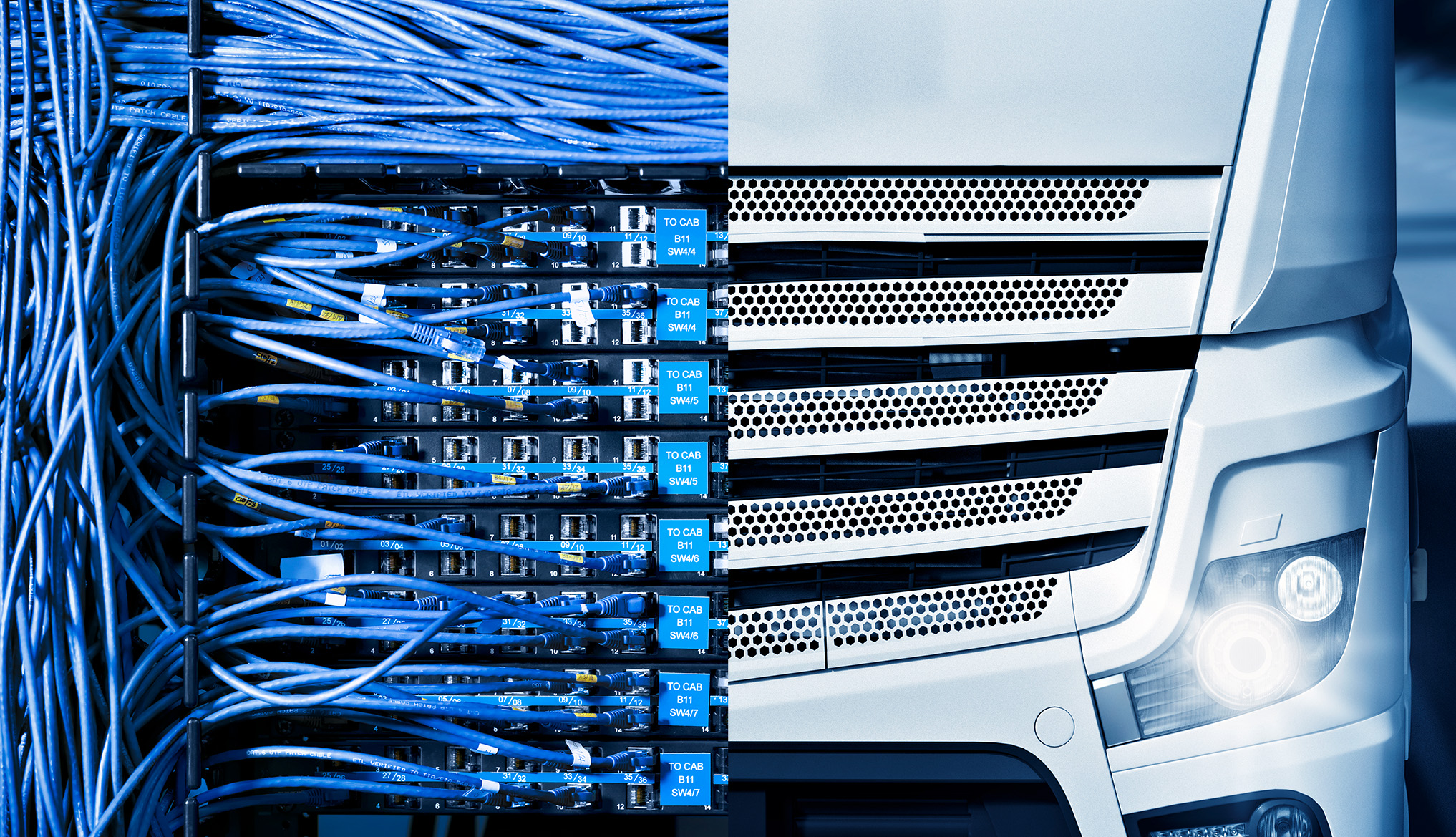 Two-part composition: The hood of a truck is shown on the right-hand side, its bright light shining. The left-hand side of the image continues the pattern of the hood in the form of blue cables.