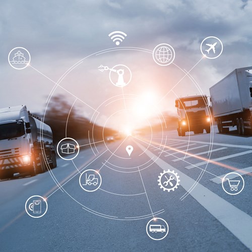 A composition shows three trucks driving on a highway. The middle lane is clear so that the setting sun can be seen in the background. The composition shows various white icons that signal the everyday business of a fleet, for example a forklift truck or a maintenance symbol. The white icons are arranged in a circle and connected by lines and circles.