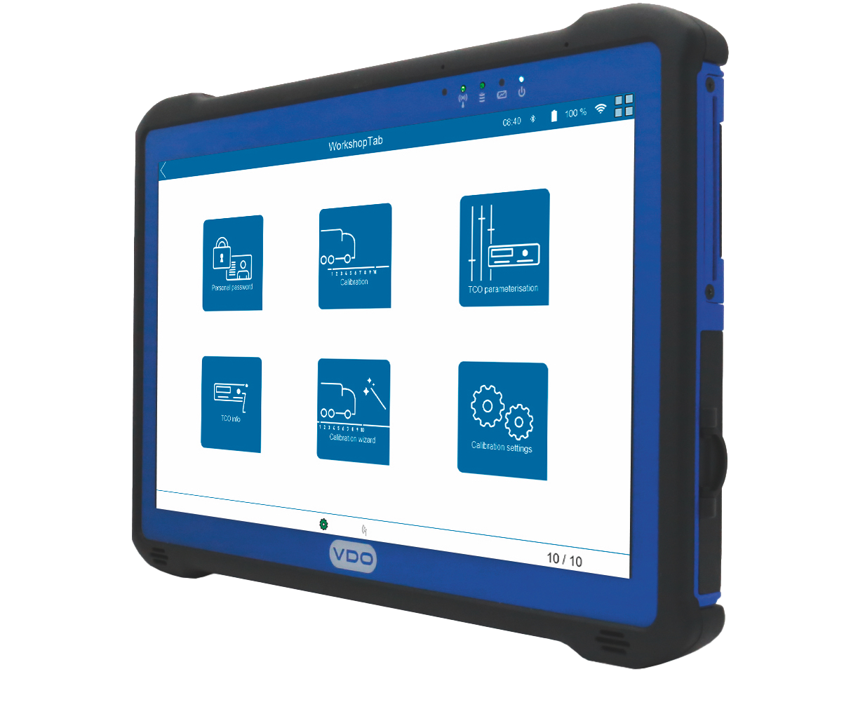 Side view of the WorkshopTab 2 from VDO with the software running. Icons show various functions - such as vehicle calibration.