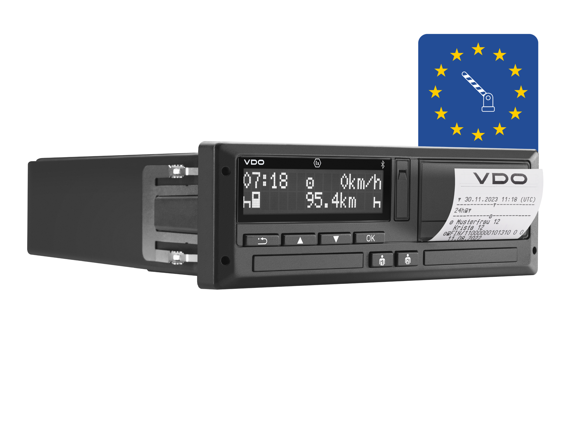 Side view of the VDO DCTO 4.1 - the second version of the intelligent tachograph - with running printout and labeling to meet all requirements of the EU Mobility Package I.