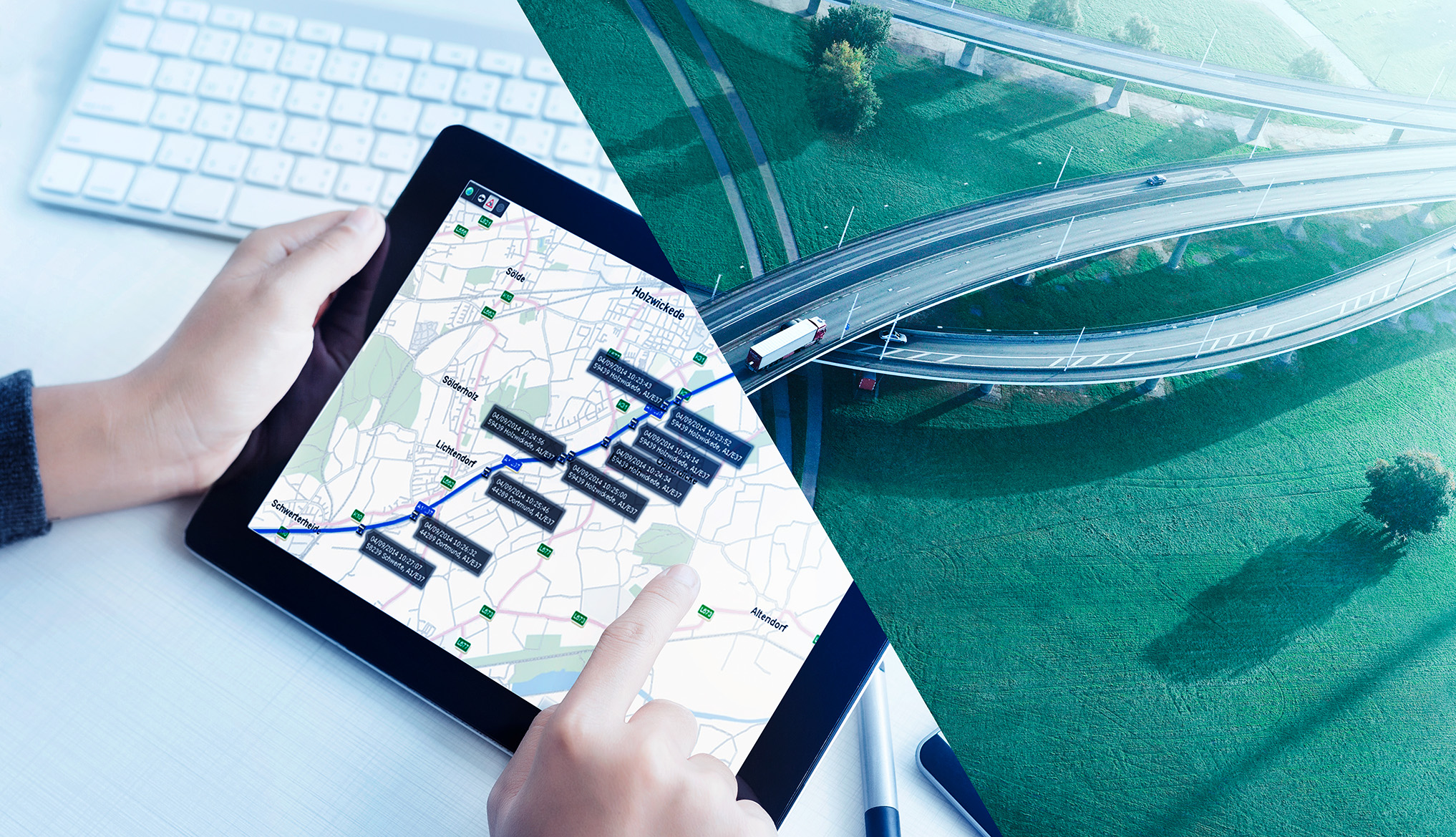 Two-part composition: On the left-hand side you can see the hands of a fleet manager holding a tablet with a route displayed on the screen. The route extends out of the screen into the photo on the right, which shows a bird's eye view of a truck driving on a highway interchange above a green landscape.