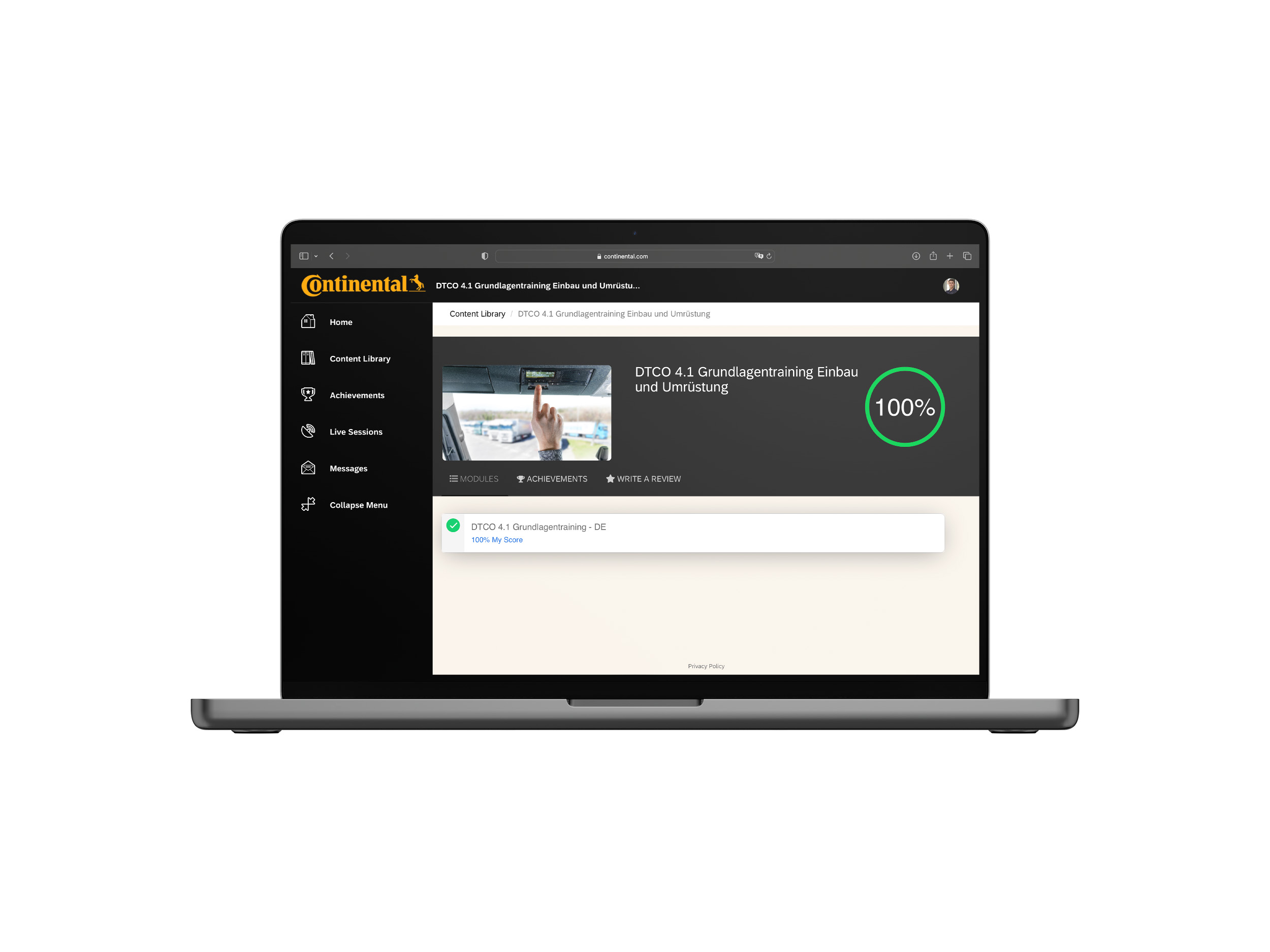 Mockup of an open laptop with the Continental training portal open. As shown in the picture, the portal provides support with training on installing and retrofitting the VDO DTCO 4.1.