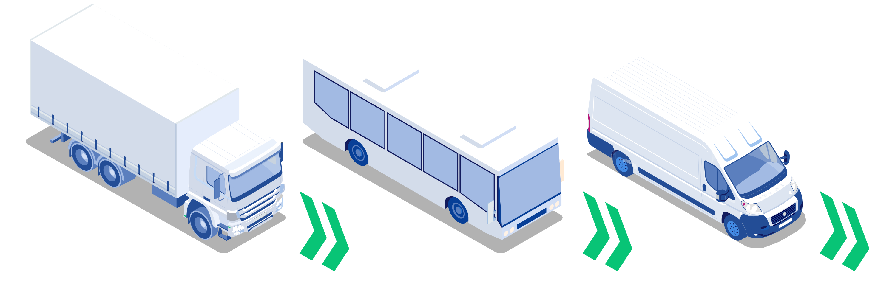 A graphic shows a truck, bus and commercial vehicle. The drawings are brightly colored with individual blue accents. A green arrow in front of each vehicle symbolizes a forward movement.