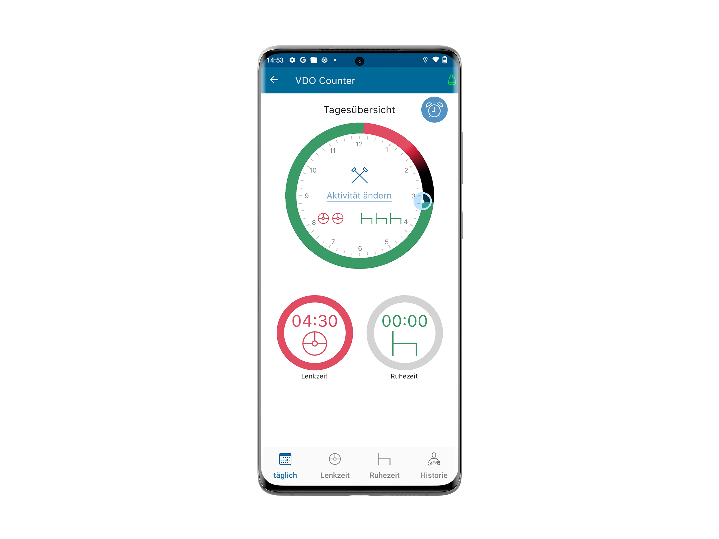 Mockup of a smartphone with the Tachograph Driver app running. You can see the daily overview of the respective driver, including driving and rest times, which are colored according to the current status.