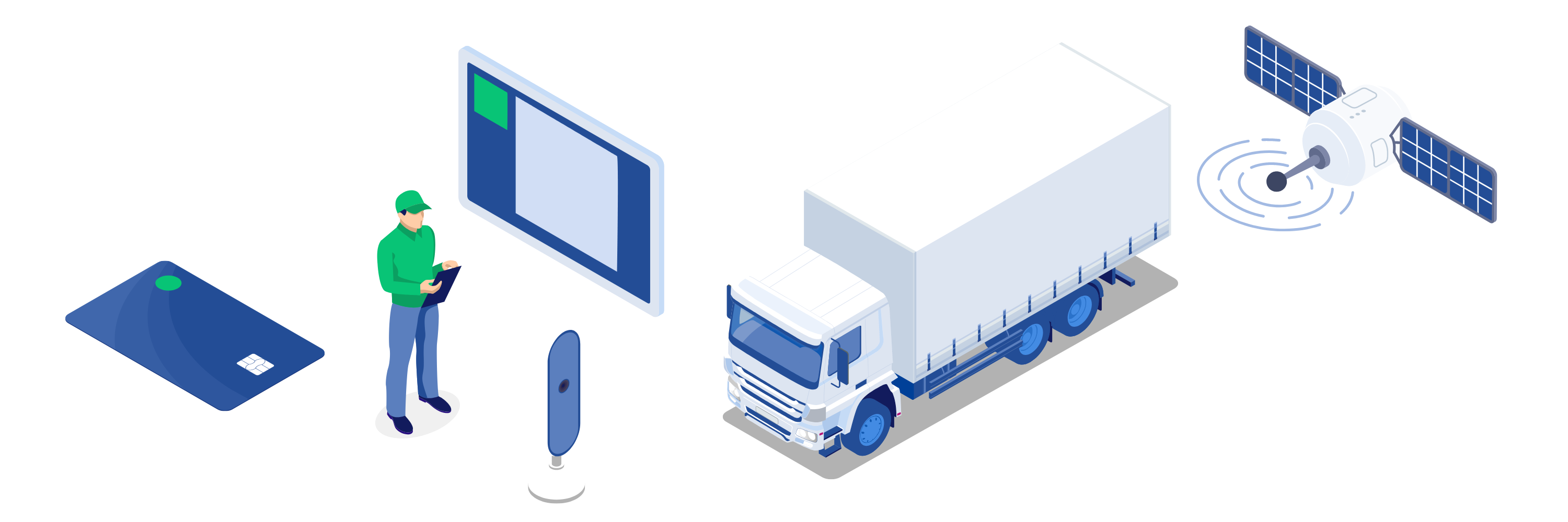A graphic illustrates the various tasks covered by the EU Mobility Package I. Blue icons with green accents show, among other things, a truck, a fleet employee and several displays.