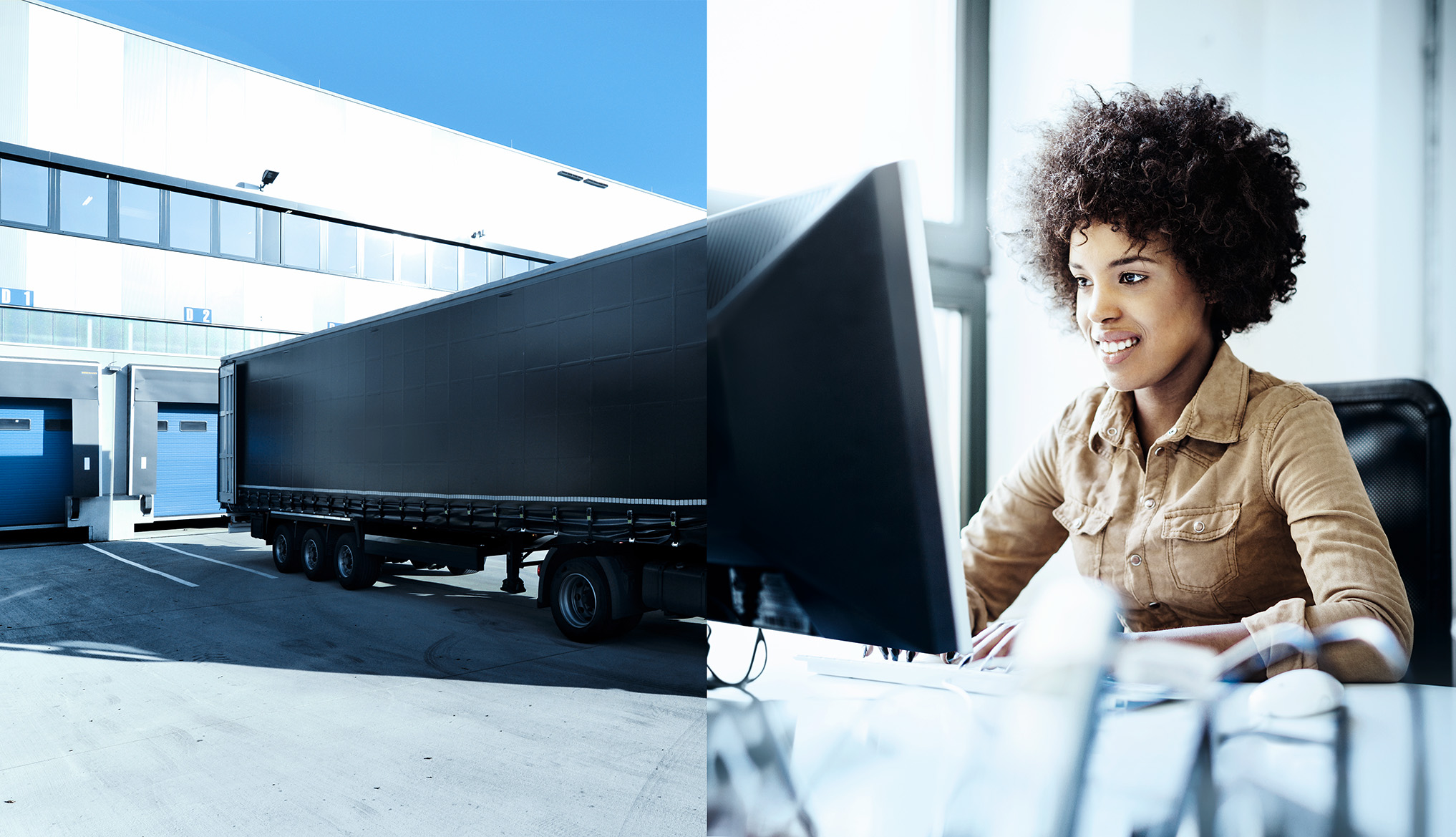 Two-part photomontage of a truck in front of a loading ramp, which merges into the computer screen of a fleet manager who is happily working on her tasks - for example with software developed by VDO.